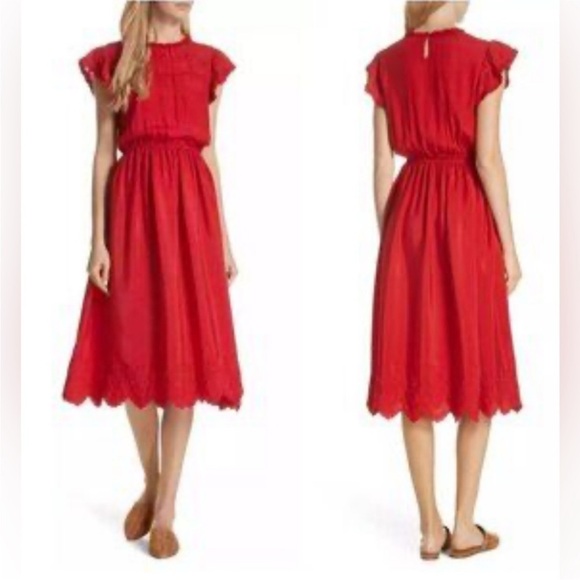 The Great. Moonlight Embroidered Red Silk Midi Dress sz 2 Medium - Picture 3 of 13